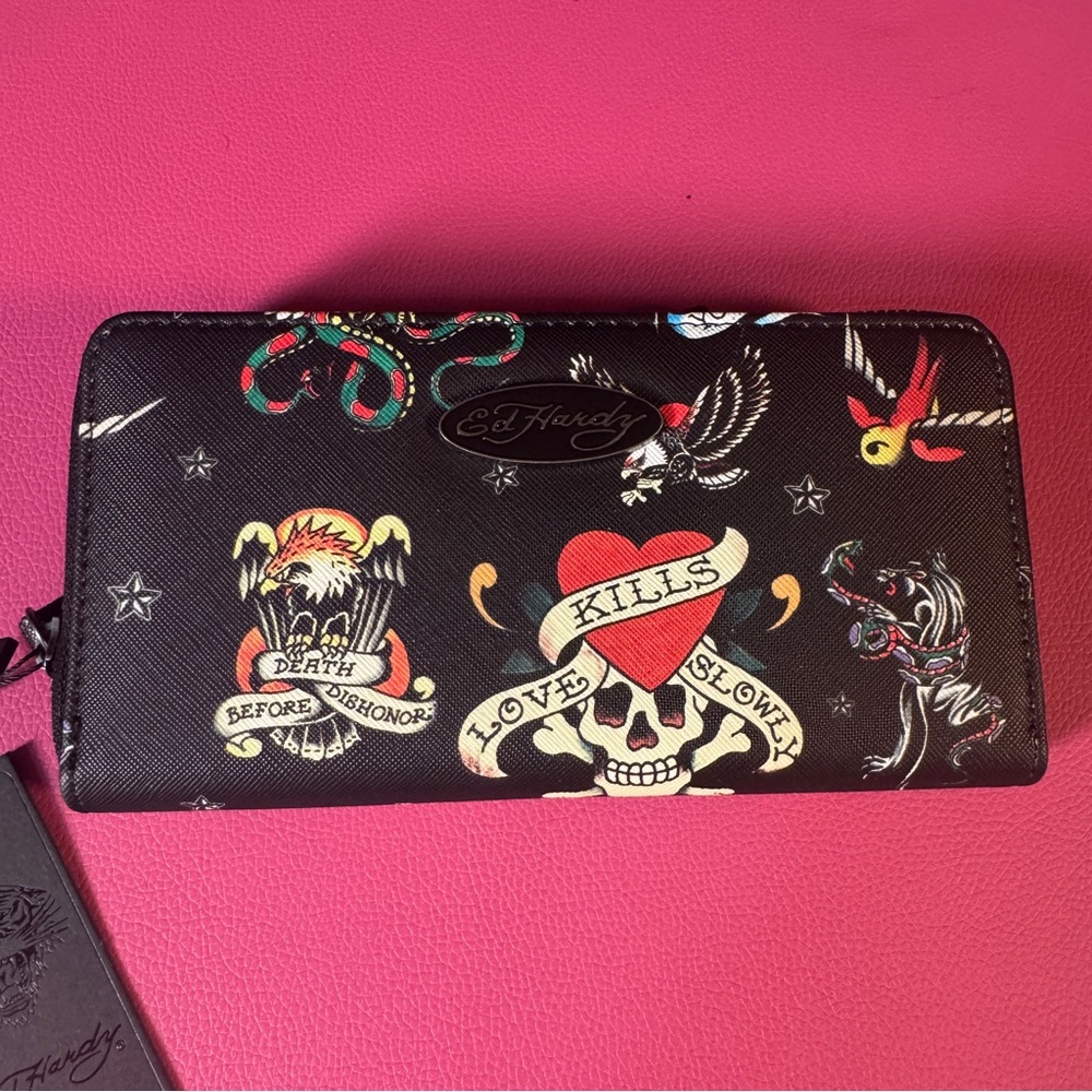 Ed Hardy Love Kills Slowly Zip Around Wallet Wristlet NWT Y2K Vegan Leather